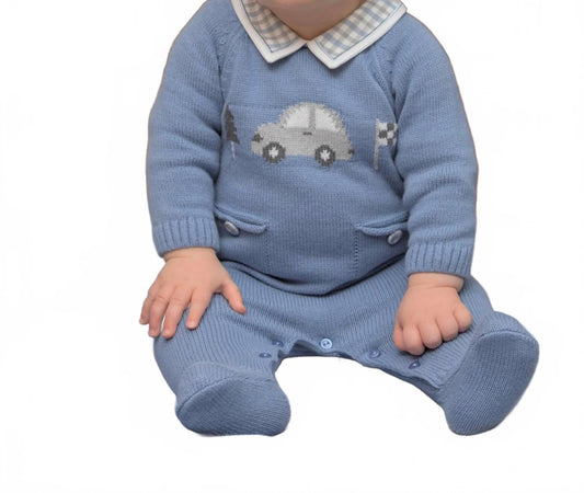 Knit Footie With Check Collar In Light Blue