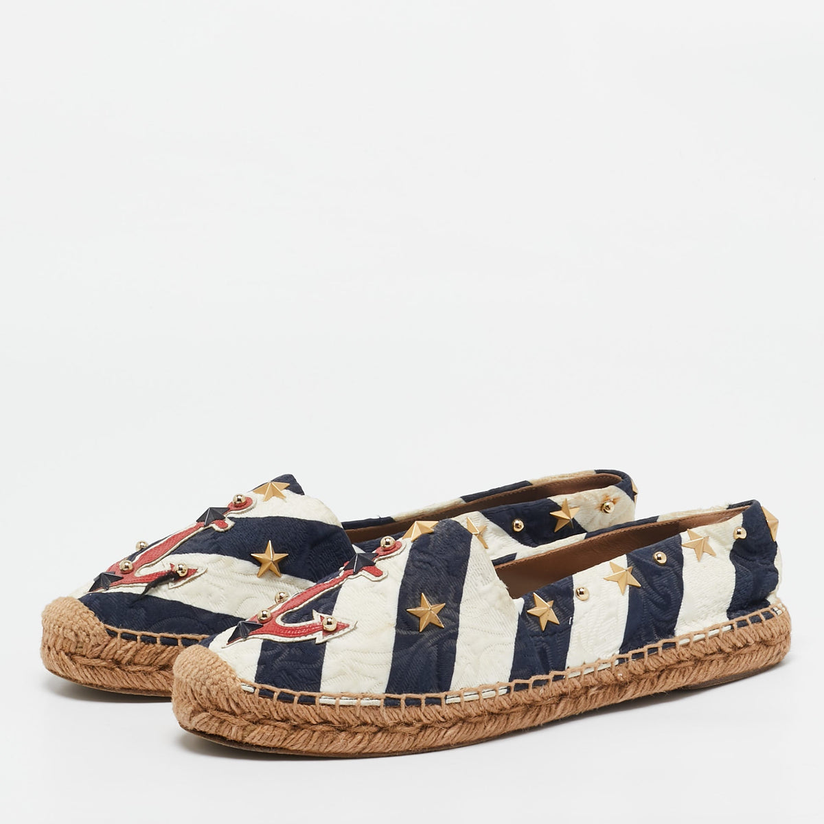 Dolce & Gabbana Navy Blue/White Stripe Fabric Star Studded Anchor Espadrille Flats Size 39