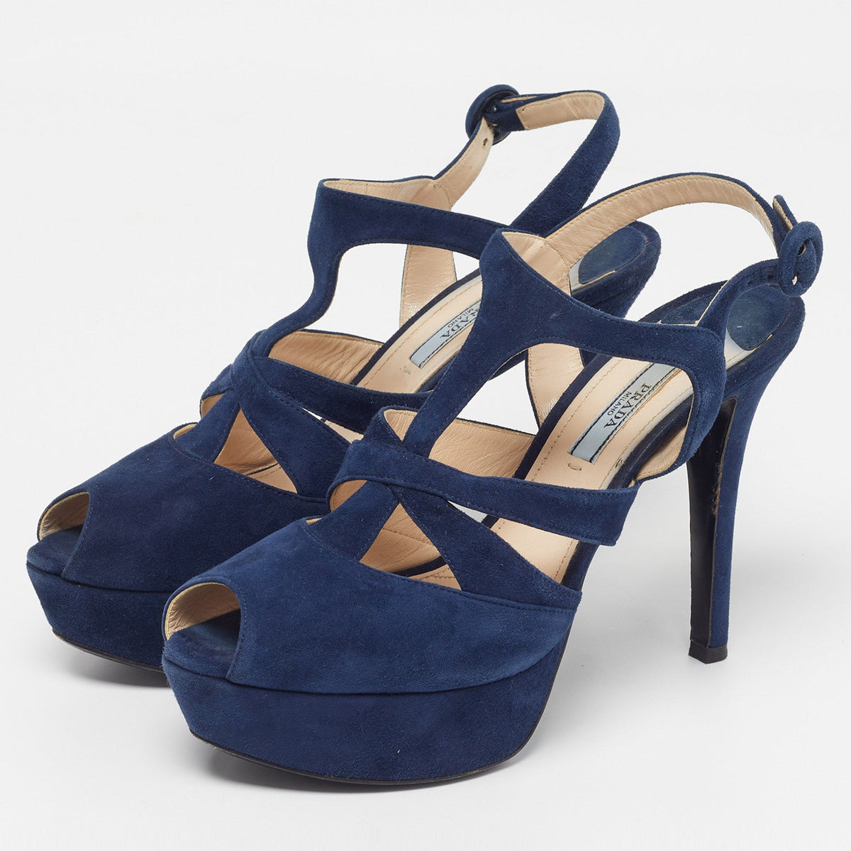Prada Size 38.5 Navy Blue Suede Platform Ankle Strap Sandals