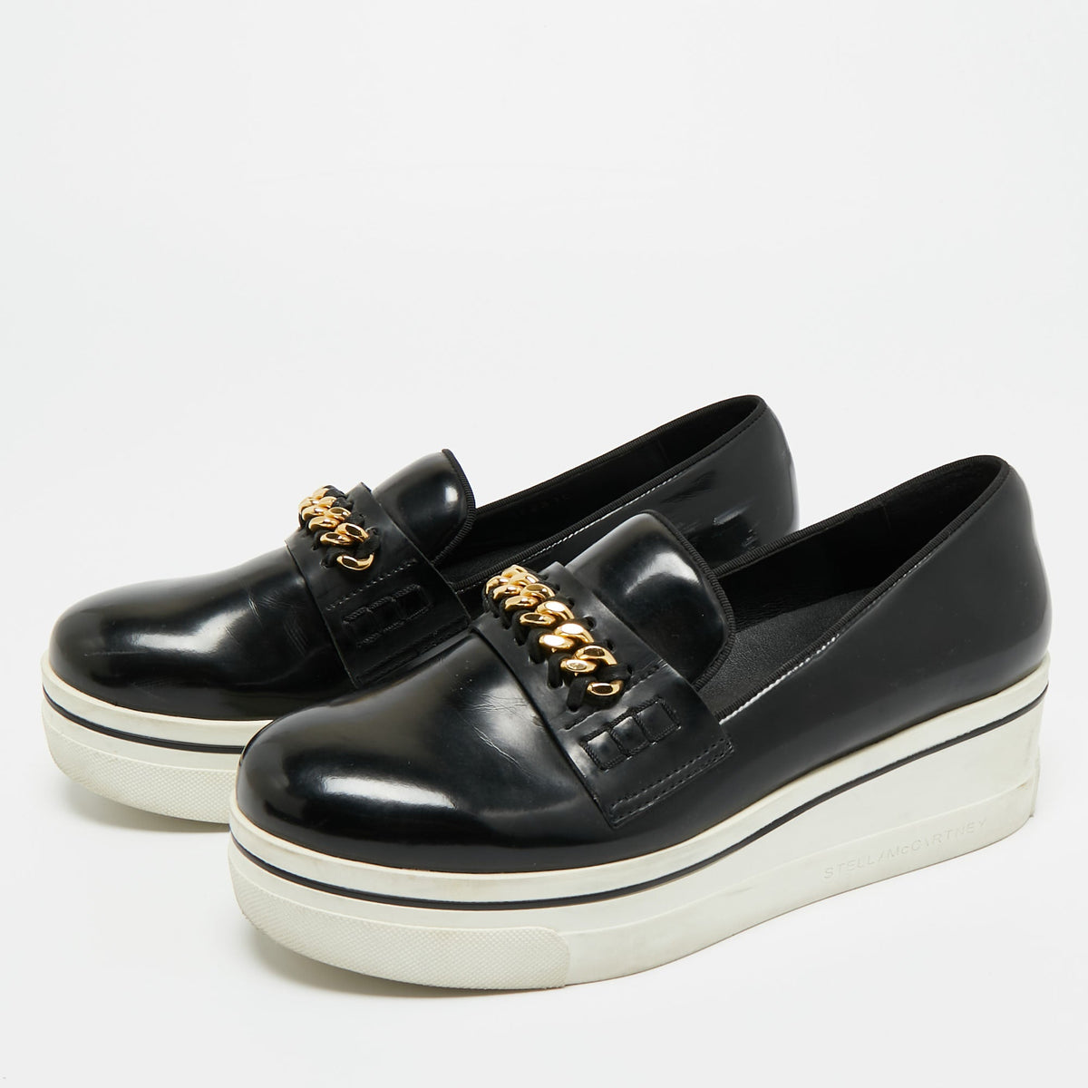 Stella McCartney Black Faux Leather Chain Link Platform Slip On Sneakers Size 38