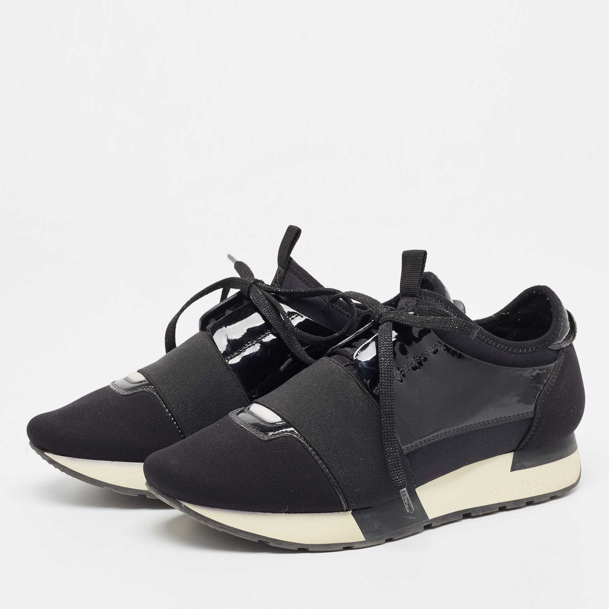 Balenciaga Race Runner Size 37 Black Neoprene and Patent Leather Low Top Sneakers