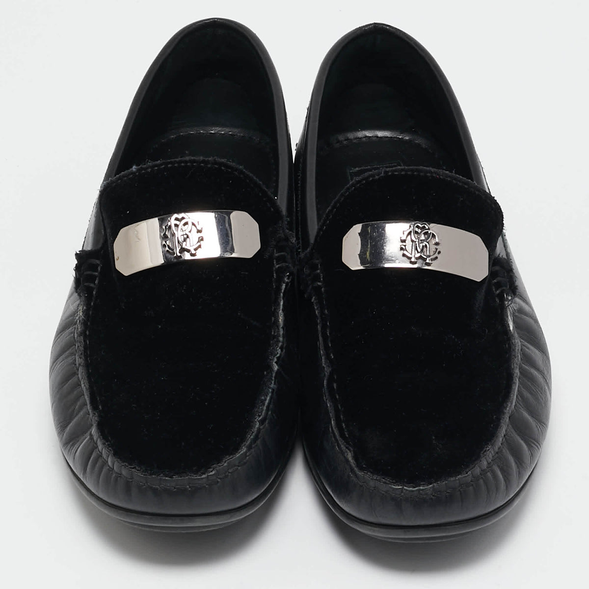 Roberto Cavalli Black Leather and Velvet Slip On Loafers Size 41.5