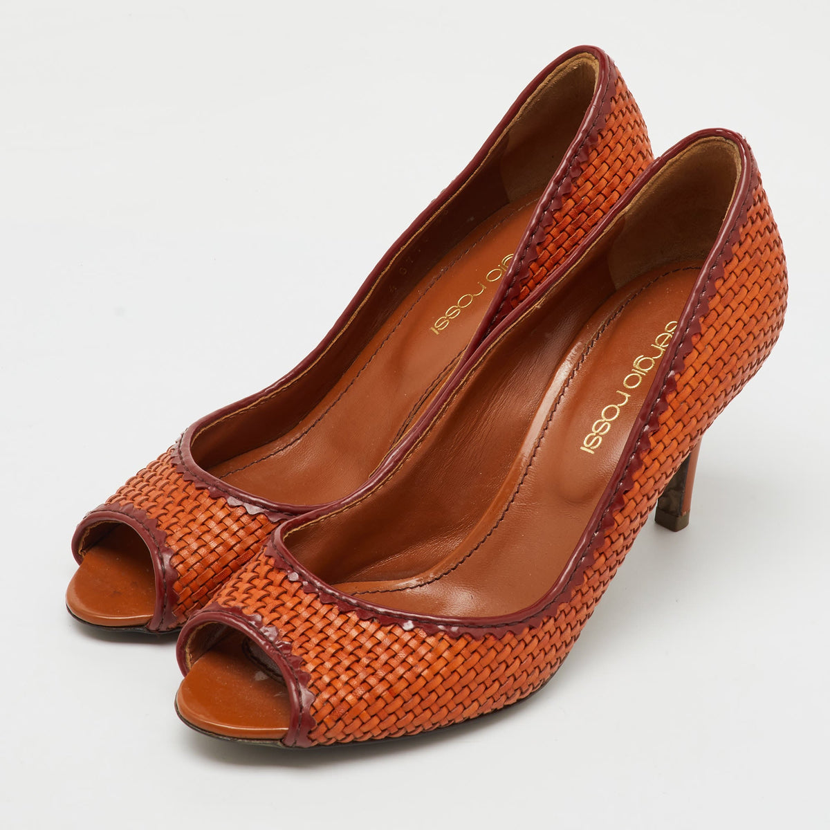Sergio Rossi Burnt Orange Woven Leather Peep Toe Pumps Size 36