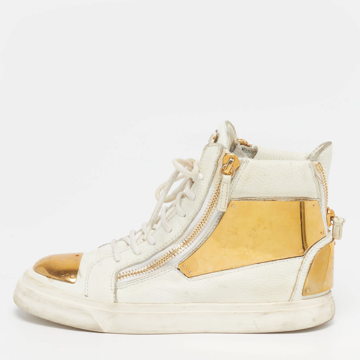 Giuseppe Zanotti Size 38.5 White Leather Metal Embellished Double Zip High Top Sneakers