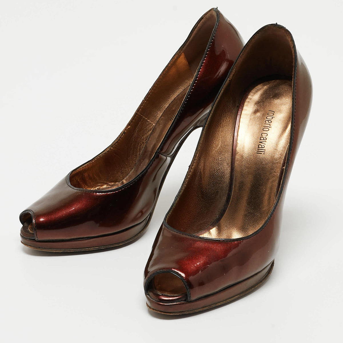 Roberto Cavalli Metallic Gold Patent Leather Peep Toe Pumps Size 35.5