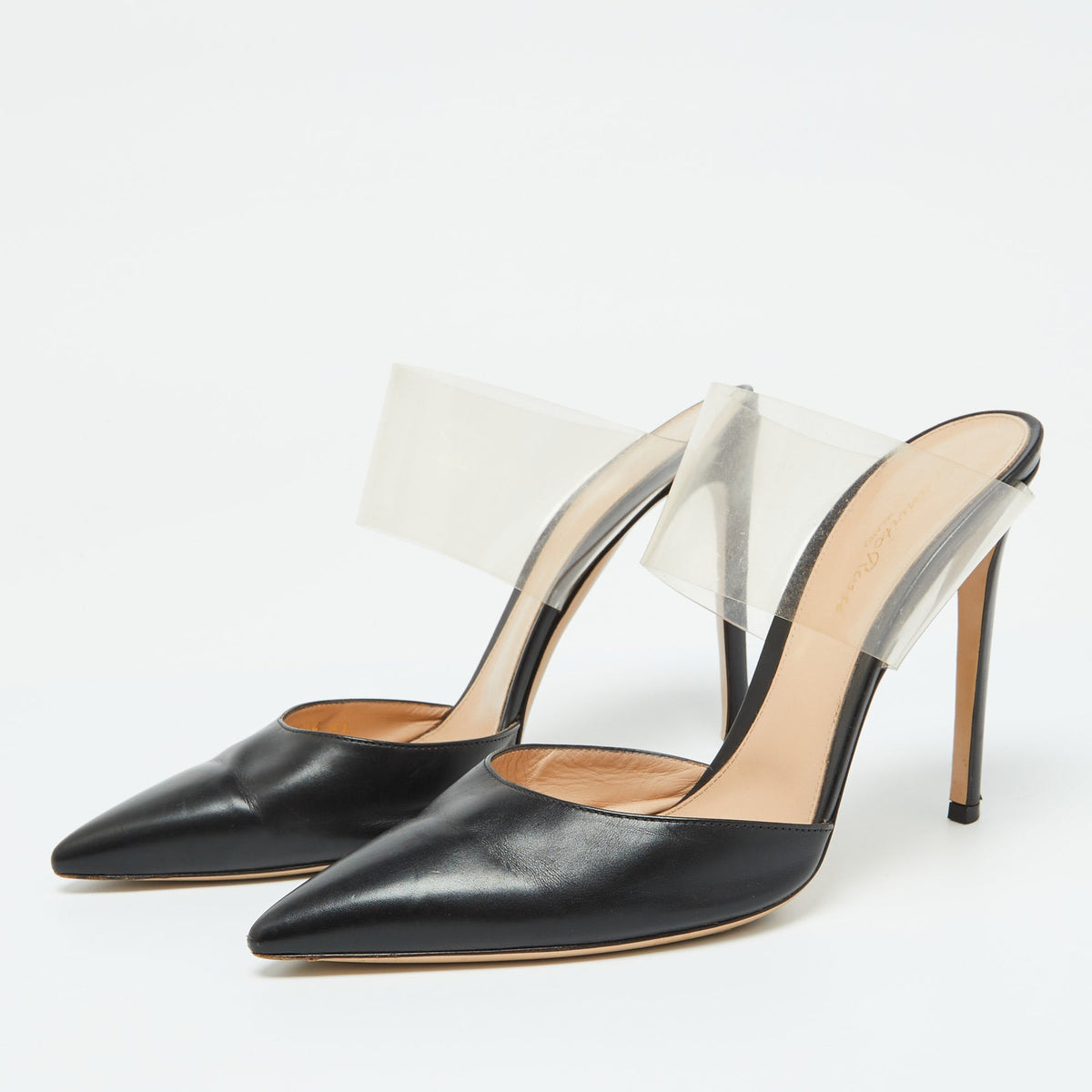 Gianvito Rossi Black Leather and PVC Plexi Pointed Toe Mules Size 41