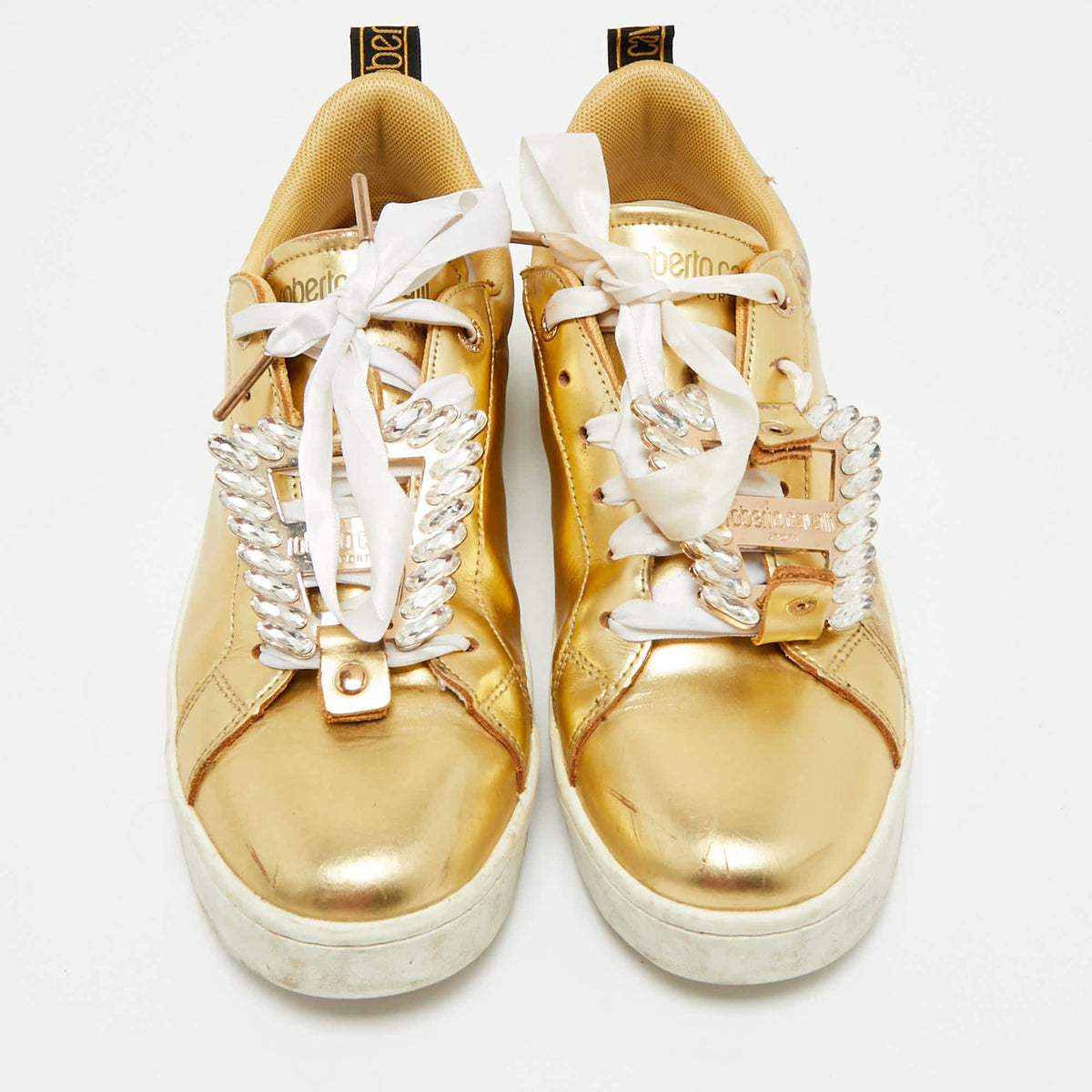Roberto Cavalli Gold Leather Crystal Embellished Low Top Sneakers Size 39