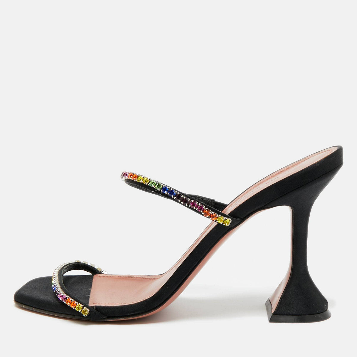 Amina Muaddi Black Crystal Embellished Satin Gilda Slide Sandals Size 38.5
