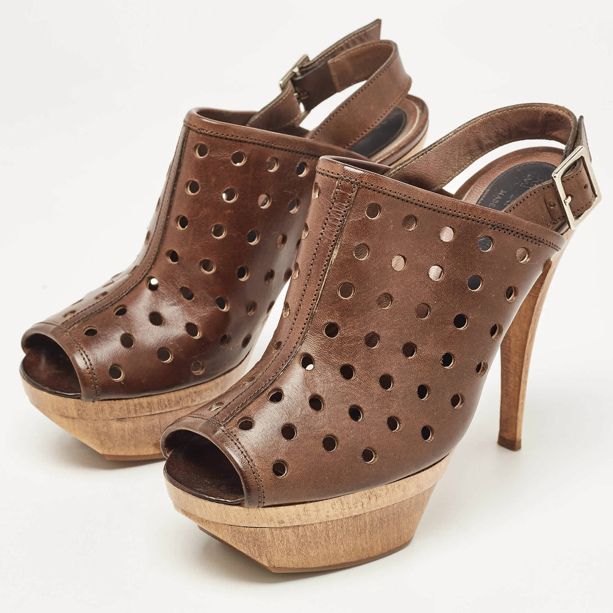 Marni Brown Laser Cut Leather Open Toe Wooden Platform Slingback Sandals Size 37