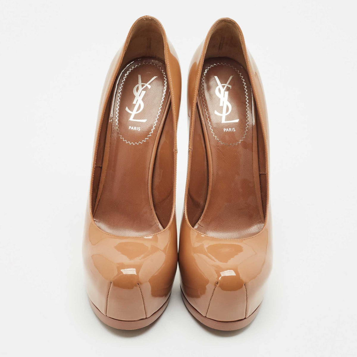 Yves Saint Laurent Beige Patent Leather Tribtoo Platform Pumps Size 39.5