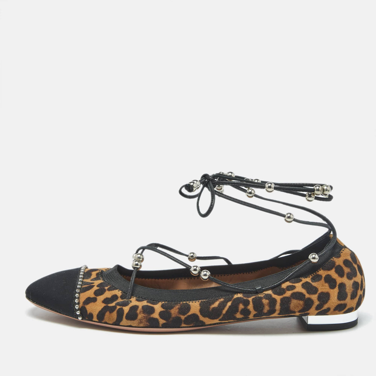 Aquazzura Size 37 Brown/Black Leopard Print Suede and Fabric Tie Up Ballet Flats