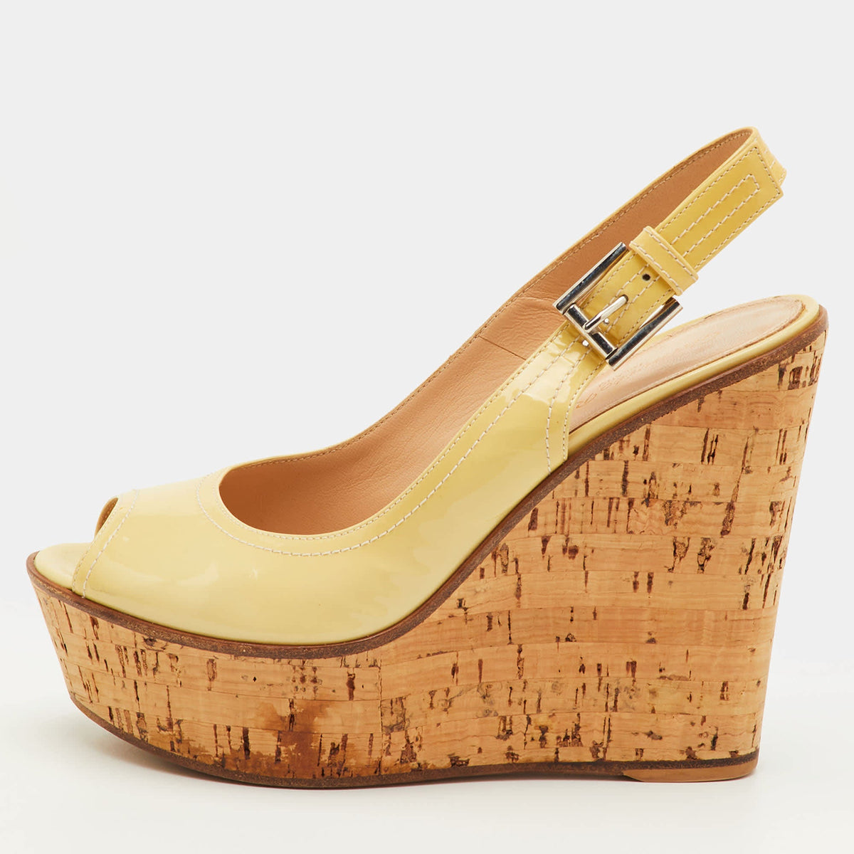 Gianvito Rossi Size 37 Light Yellow Patent Leather Cork Platform Wedge Slingback Sandals