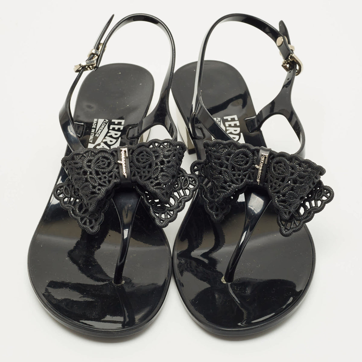 Salvatore Ferragamo Black Rubber per Ankle Strap Sandals Size 37.5