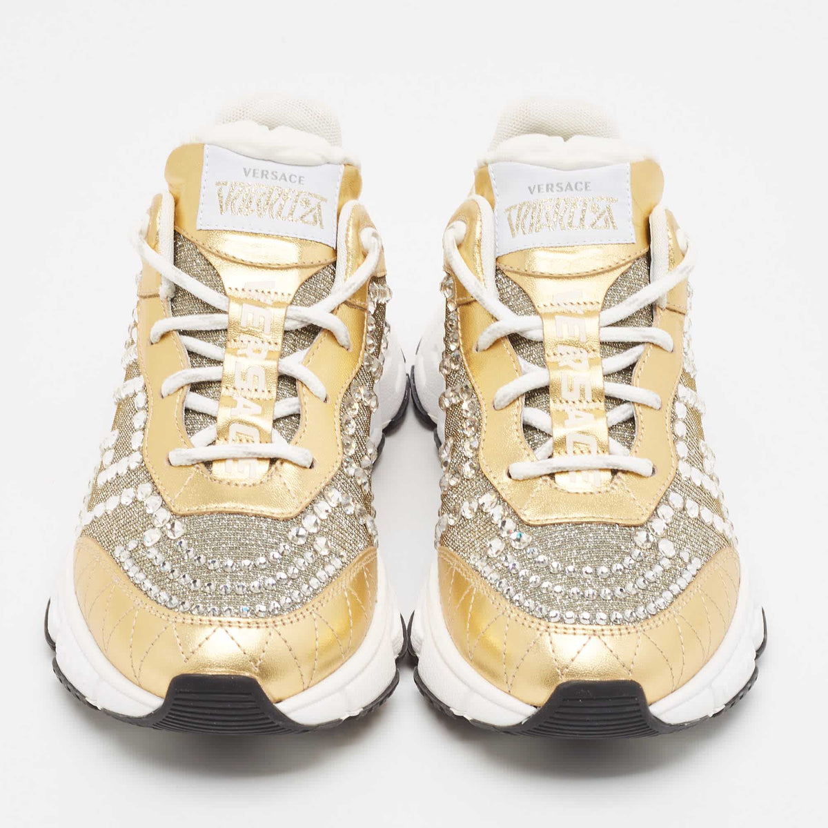 Versace Gold/Silver Leather and Lurex Fabric Trigreca Sneakers Size 36