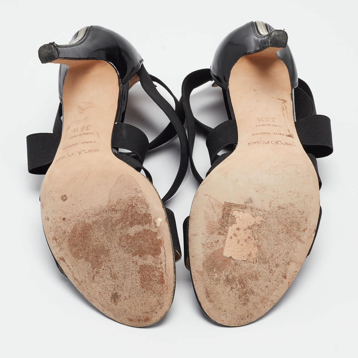 Sergio Rossi Size 36.5 Black Fabric and Patent Leather Ankle Strap Sandals