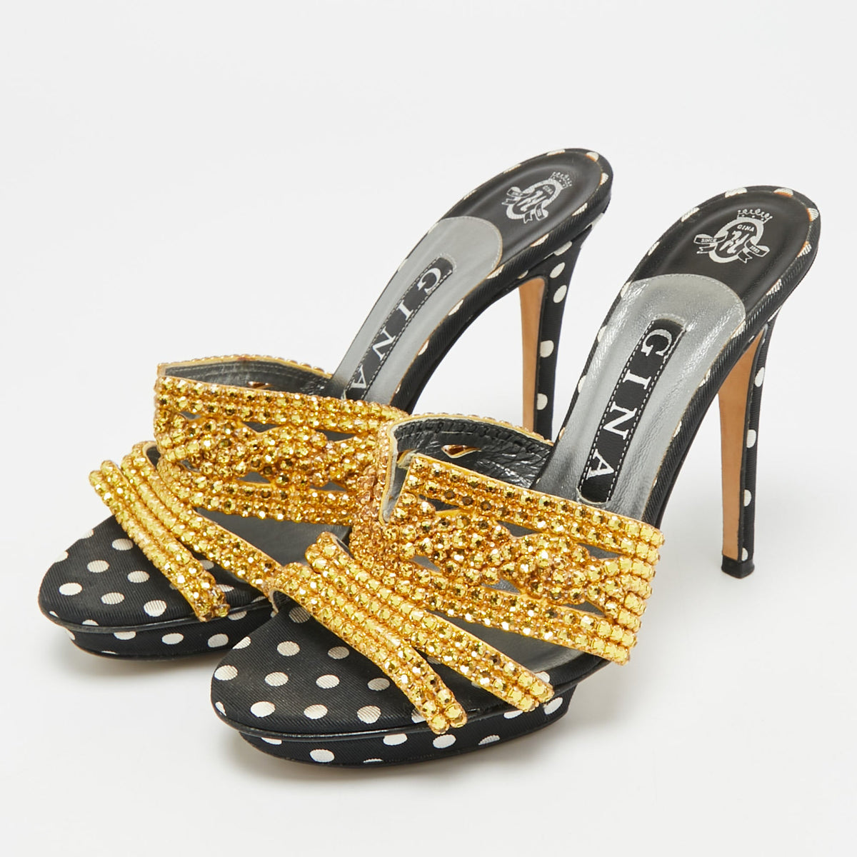 Gina Size 37 Black/Gold Leather And Canvas Crystal Embellished Slide Sandals