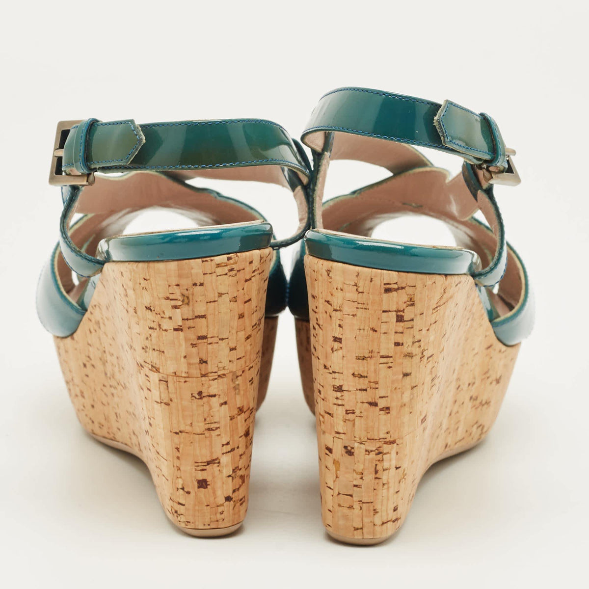Salvatore Ferragamo Blue Patent Leather Cork Wedge Slingback Sandals Size 36.5