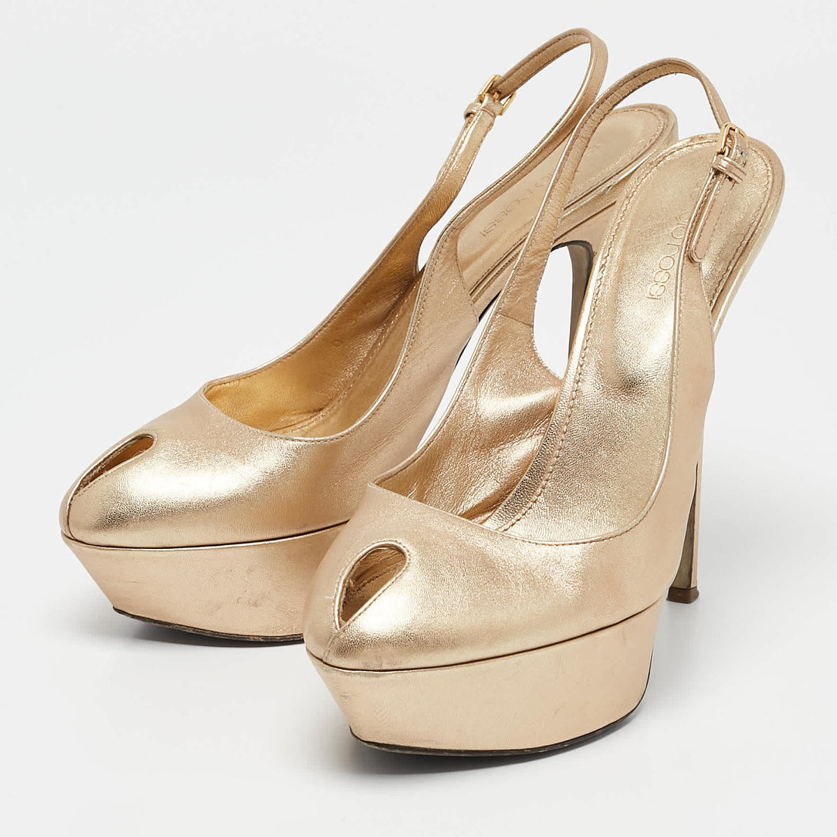 Sergio Rossi Gold Leather Peep Toe Platform Slingback Sandals Size 38