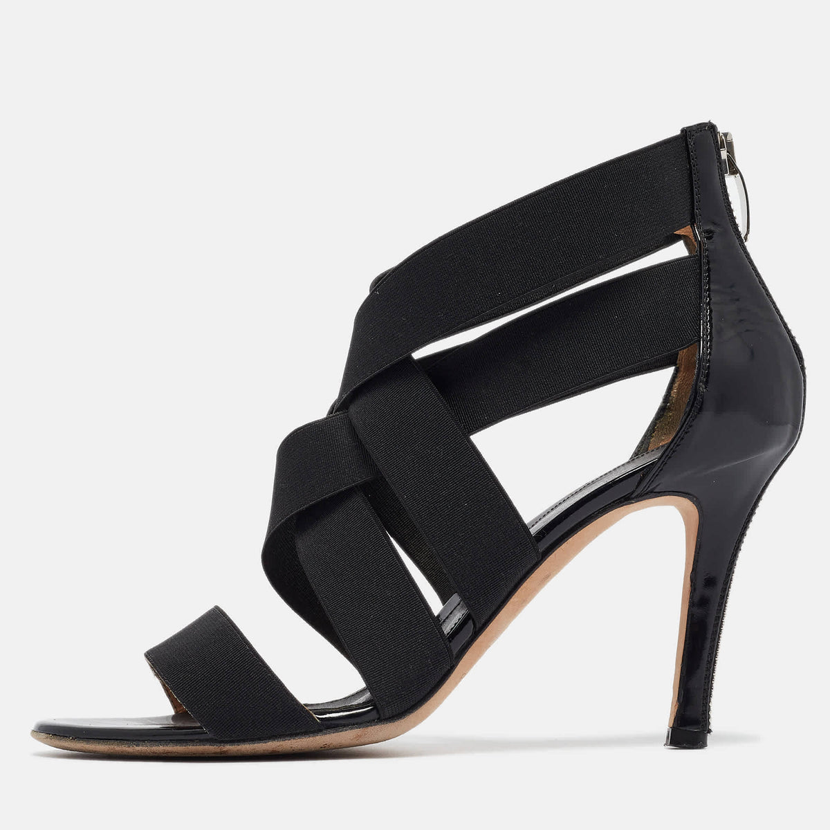 Sergio Rossi Size 36.5 Black Fabric and Patent Leather Ankle Strap Sandals