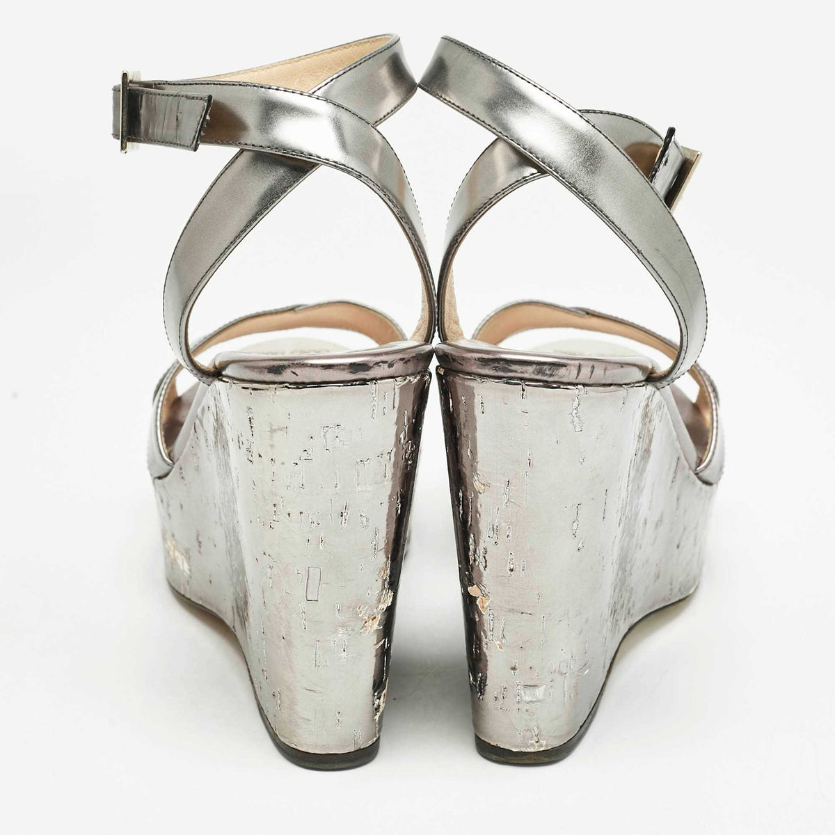 Jimmy Choo Silver Leather Crisscross Strap Wedge Sandals  Size 37.5