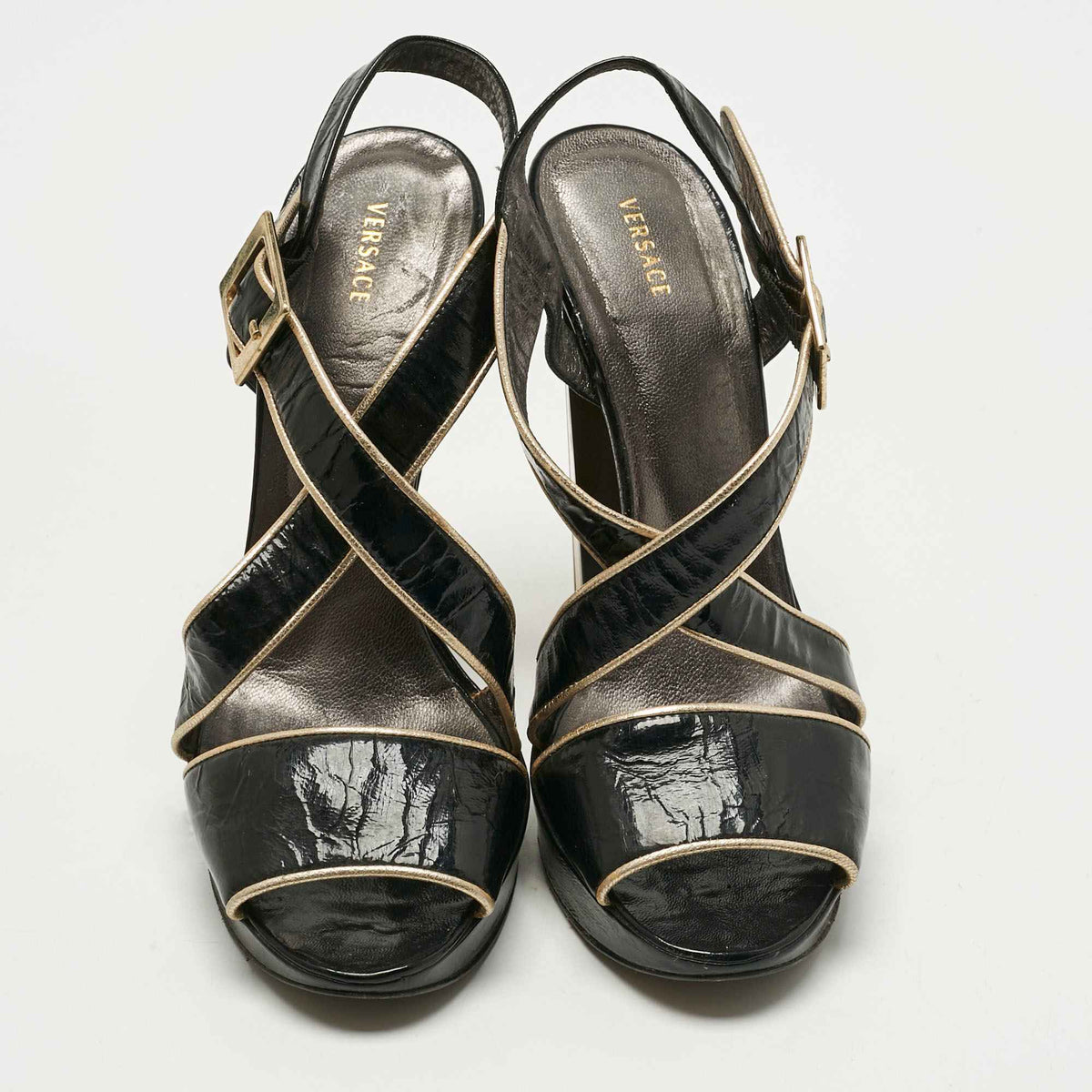 Versace Black Patent Leather Ankle Strap Sandals Size 39