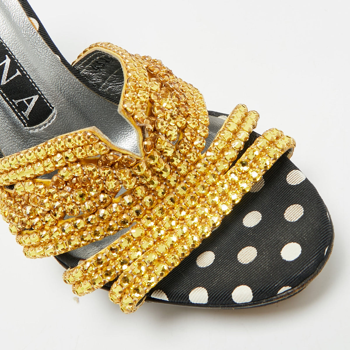 Gina Size 37 Black/Gold Leather And Canvas Crystal Embellished Slide Sandals