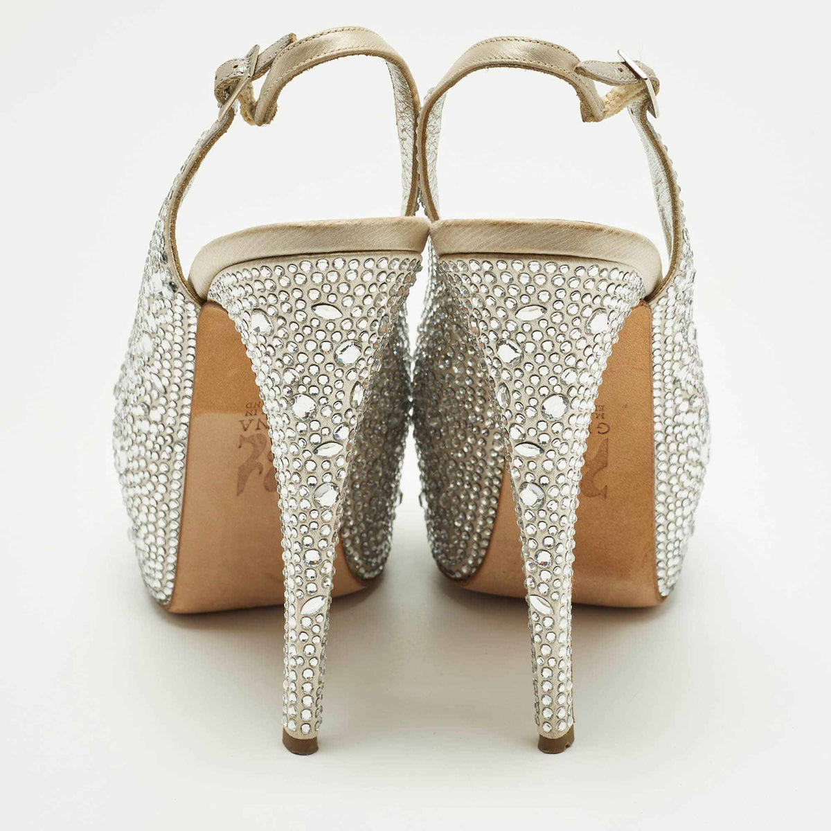 Gina Size 38.5 Light Grey Satin Crystal Embellished Peep Toe Platform Slingback Sandals