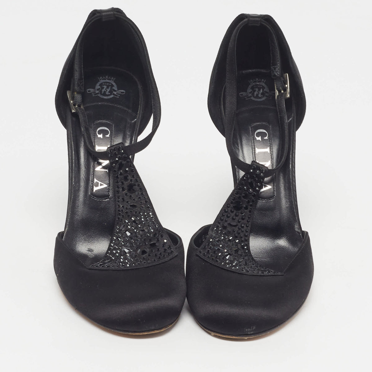 Gina Size 38.5 Black Satin Crystal Embellished T-Bar Pumps
