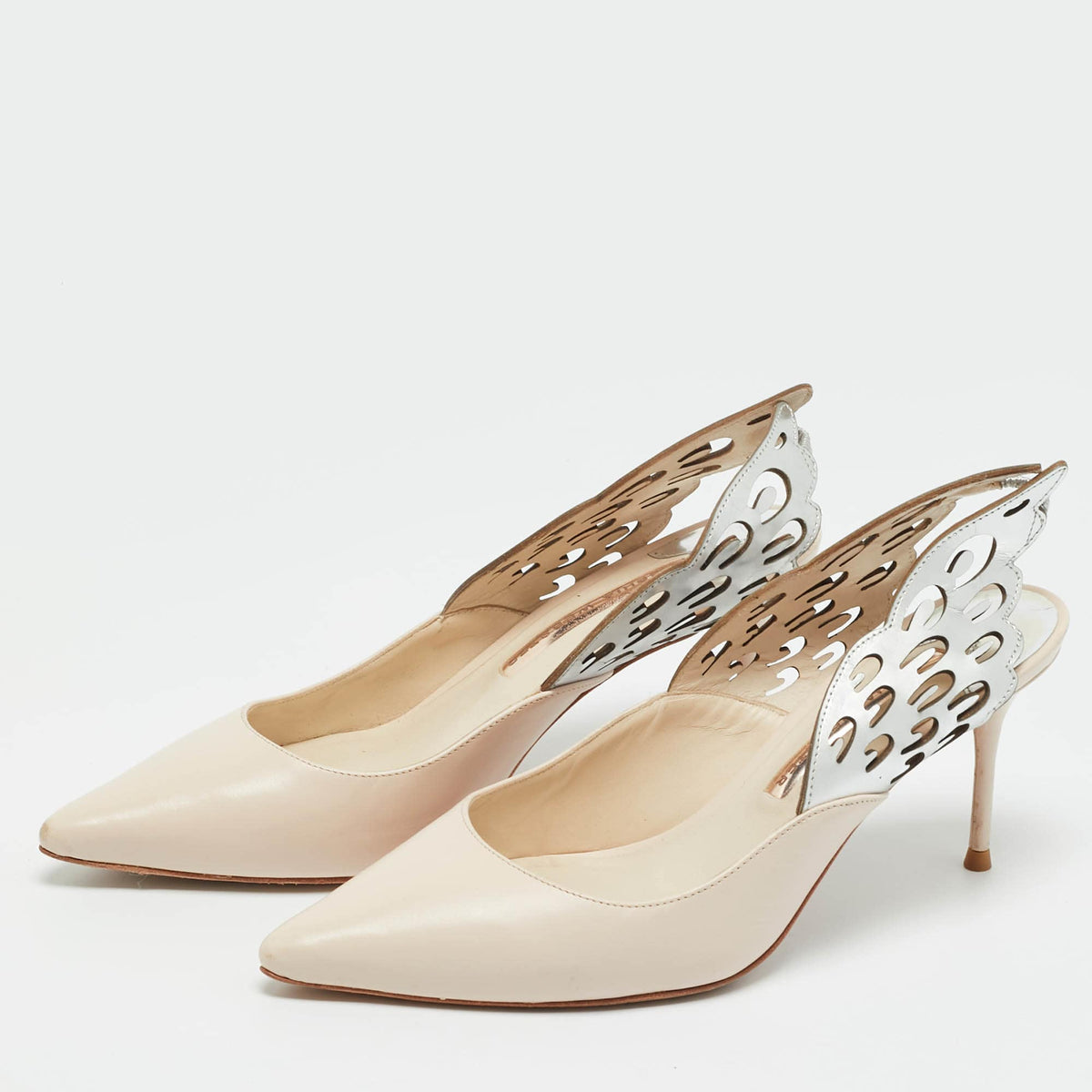 Sophia Webster Beige/Silver Leather Angelo Slingback Pumps 37.5