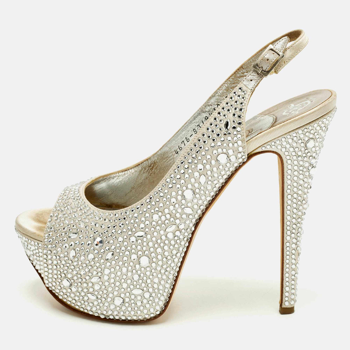 Gina Size 38.5 Light Grey Satin Crystal Embellished Peep Toe Platform Slingback Sandals