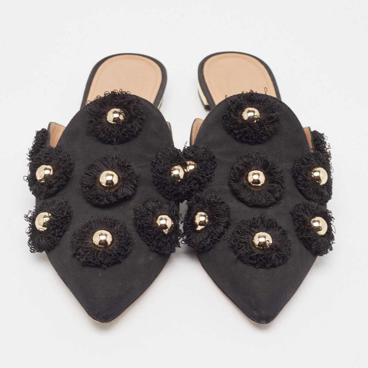 Aquazzura Black Canvas Sunflower Mules Size 36