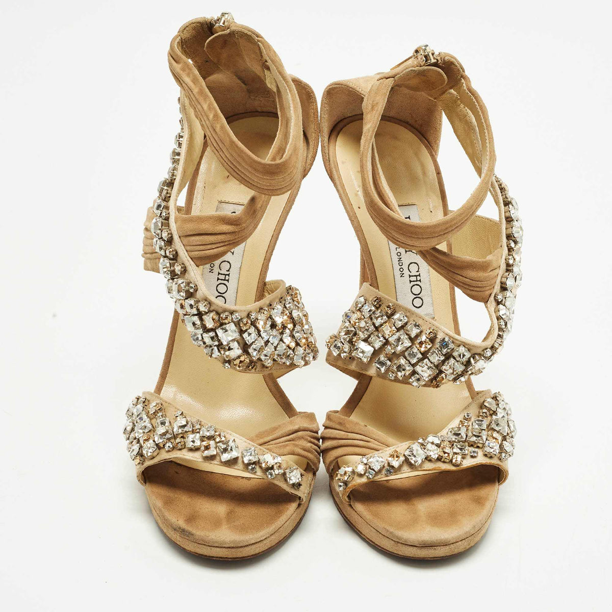 Jimmy Choo  Size 38 Beige Suede Crystal Embellished  Ankle Strap Sandals