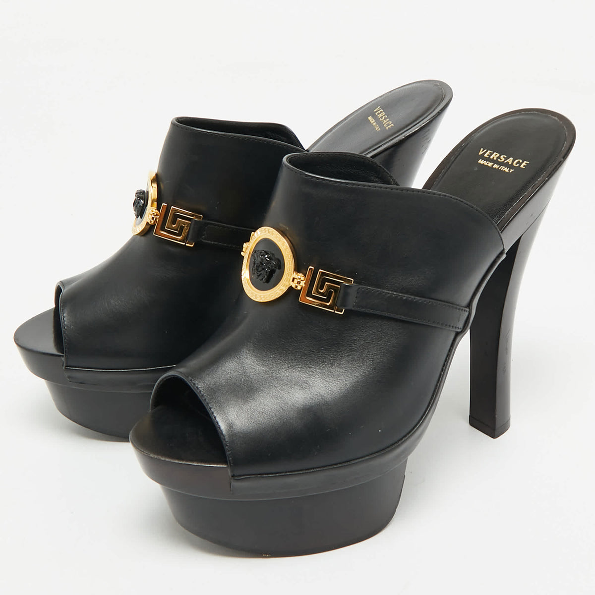 Versace Black Leather Medusa Insignia Slide Sandals Size 38.5