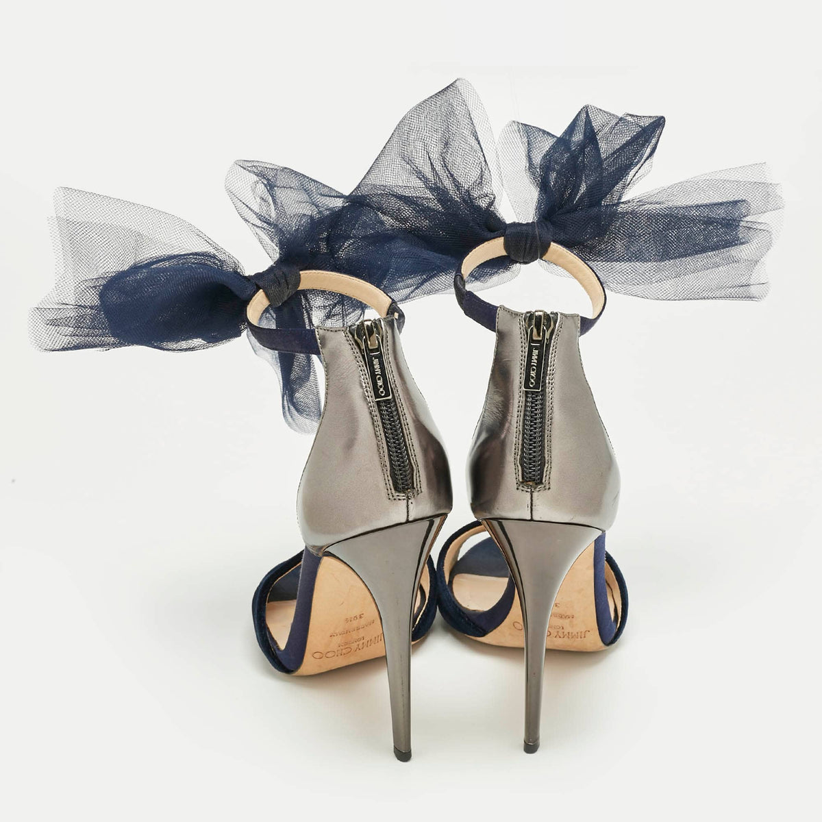 Jimmy Choo Blue/Grey Velvet And Leather Bow Lilyth Ankle Strap Sandals Size 39.5