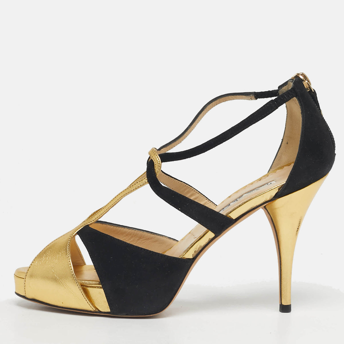 Oscar de la Renta Gold/Black Leather and Suede Ankle Strap Sandals Size 36