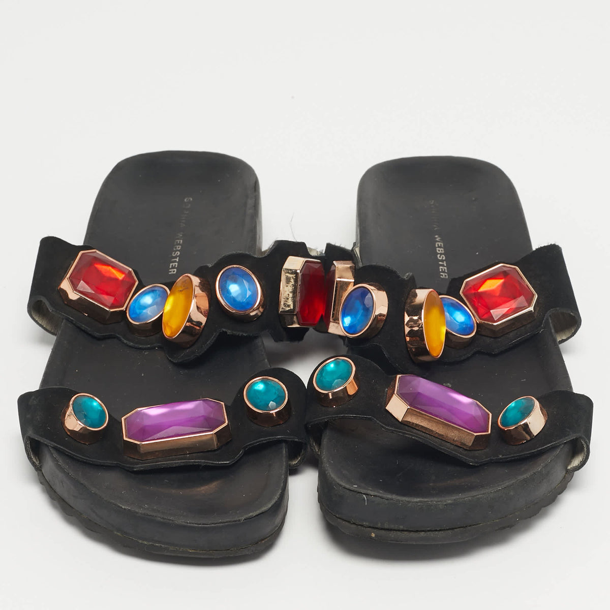 Sophia Webster Black Suede Crystal Embellished Flat Sandals Size 38