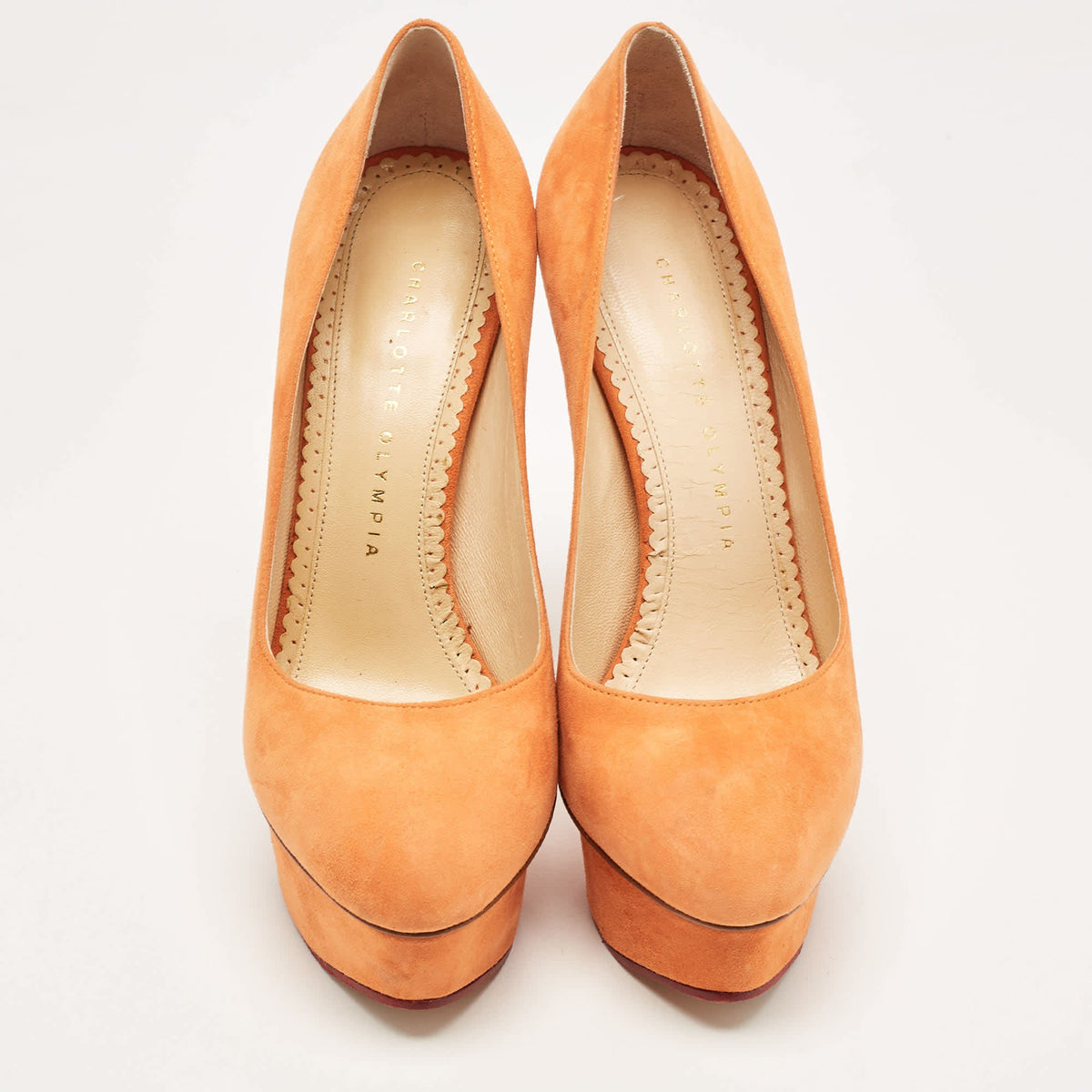 Charlotte Olympia Dolly Size 37 Orange Suede Platform Pumps