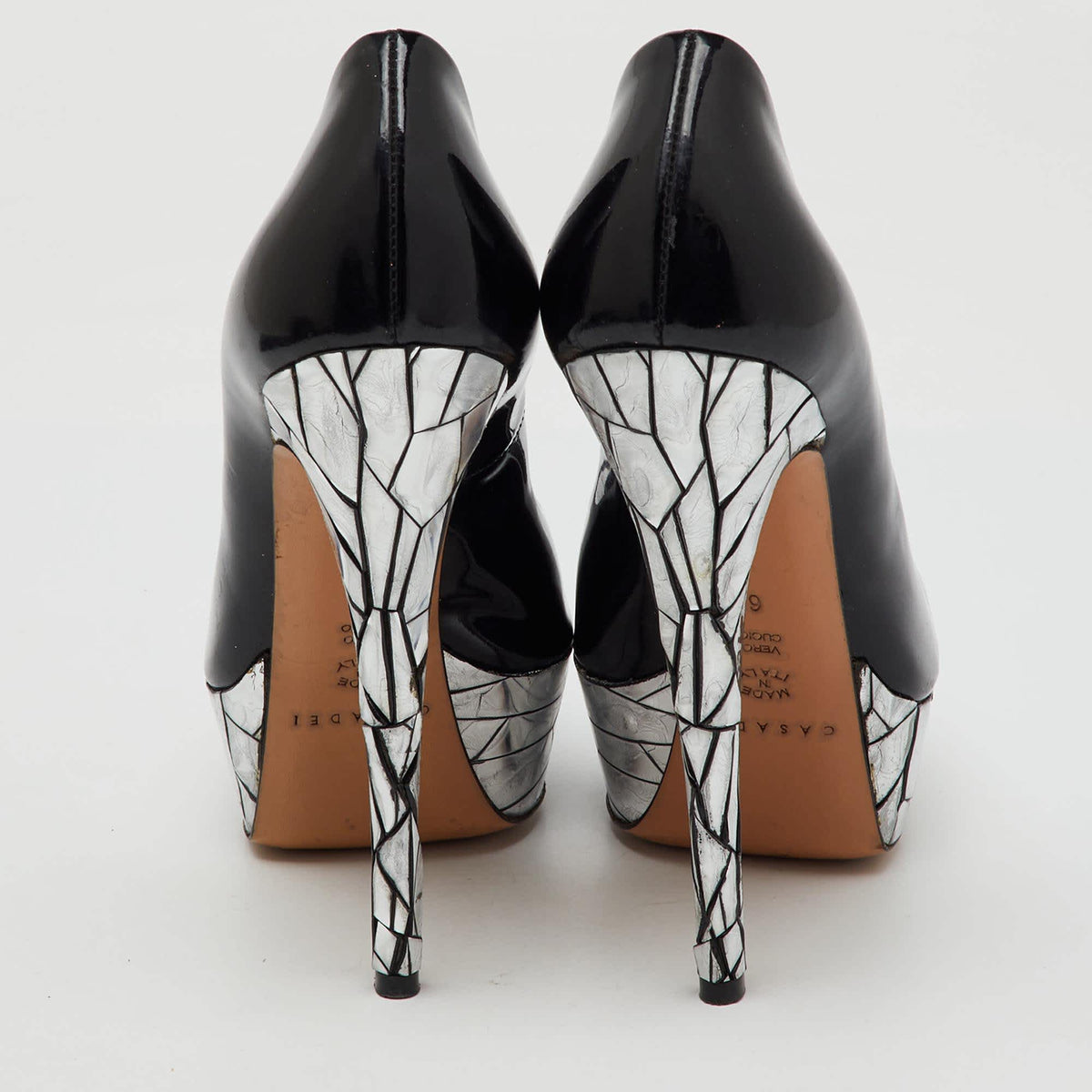 Casadei Black Patent Leather Mosaic Mirror Heel Peep Toe Platform Pumps Size 36