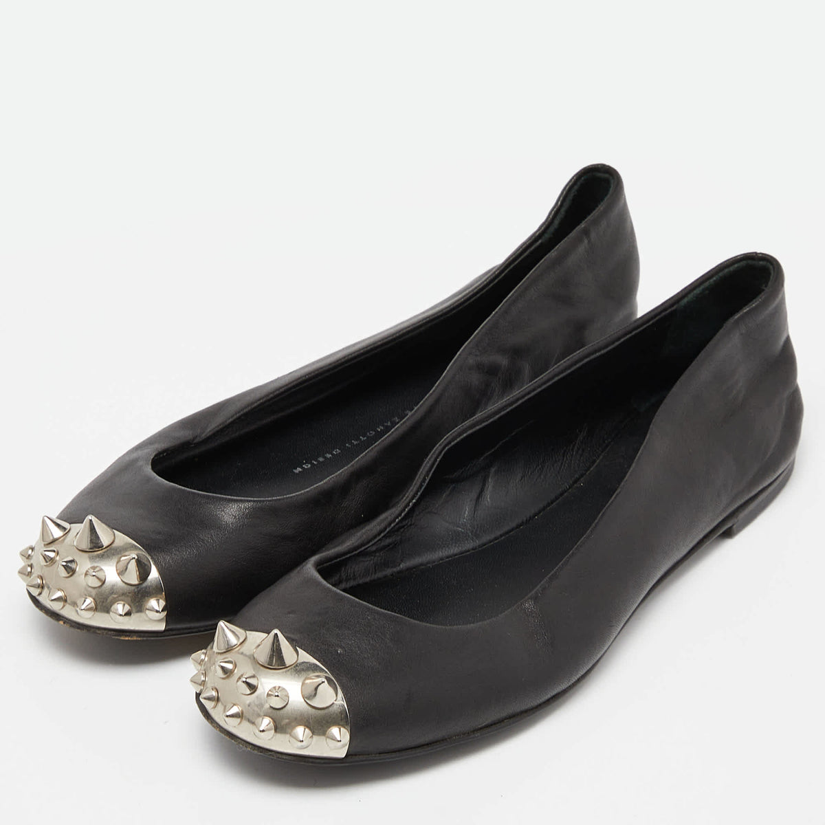 Giuseppe Zanotti Black Leather Malika Spiked Cap Toe Ballet Flats Size 36.5