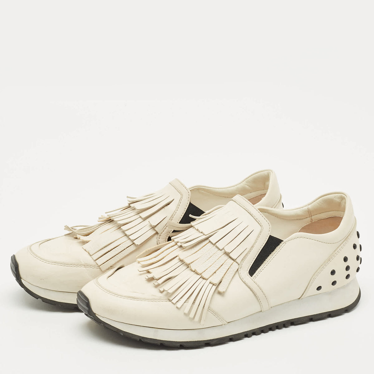 Tod's Cream Leather Fringe Slip On Sneakers Size 38.5