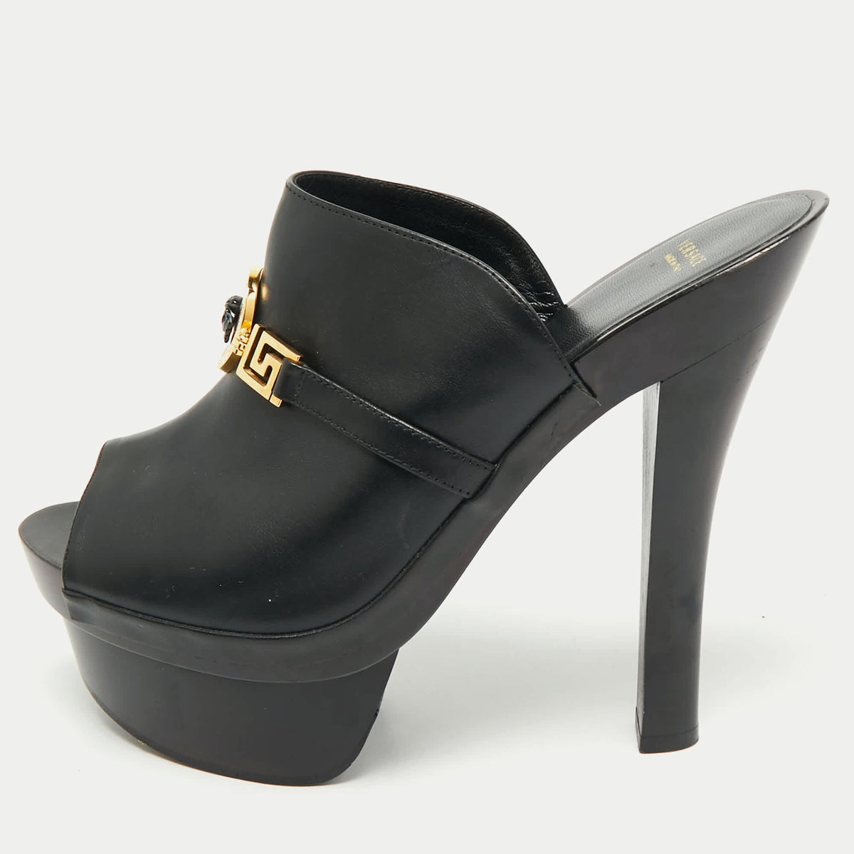 Versace Black Leather Medusa Insignia Slide Sandals Size 38.5