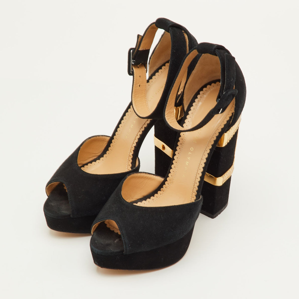 Charlotte Olympia Size 38 Black Suede Embellished Ankle Strap Platform Sandals
