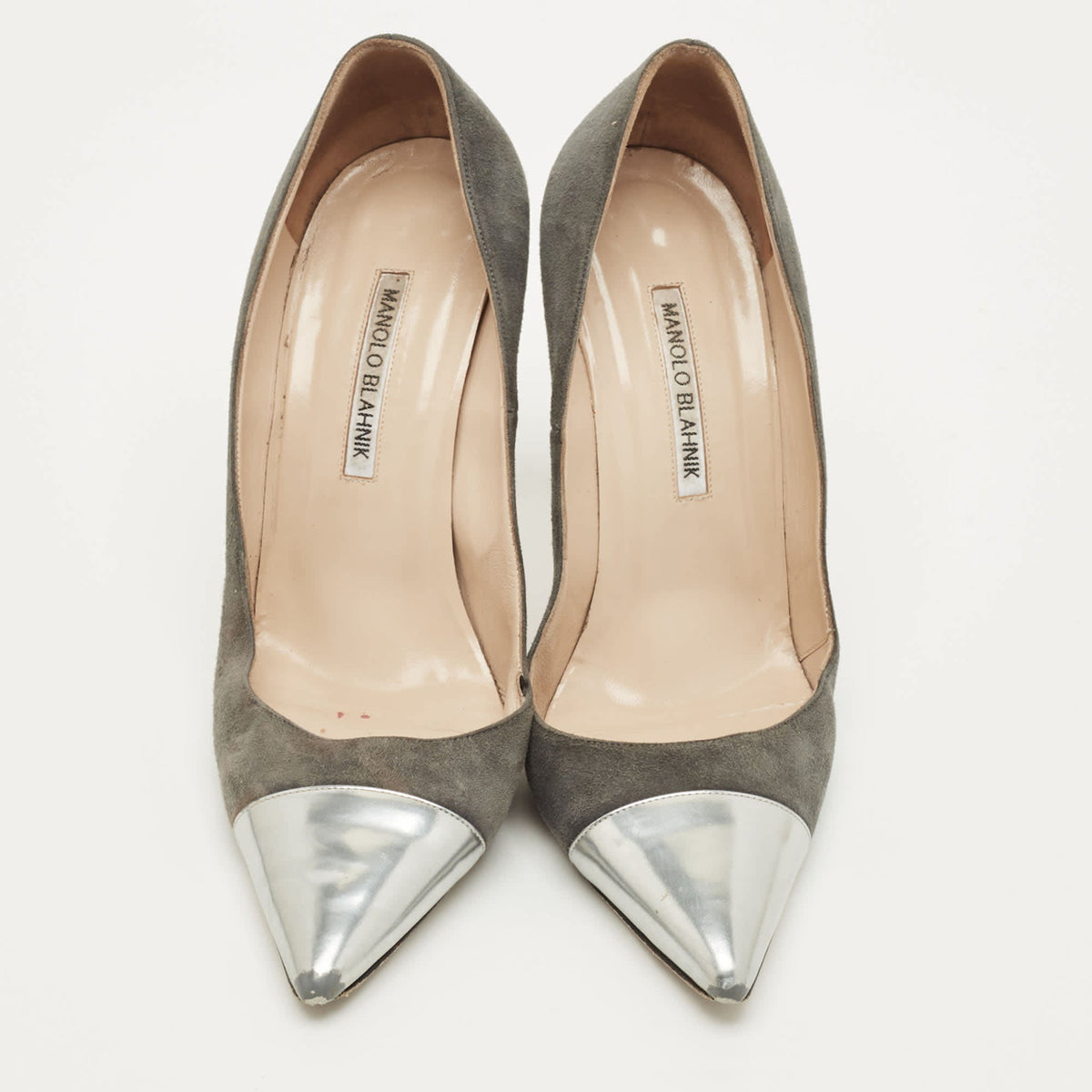 Manolo Blahnik Bipunta Size 39 Grey Patent Leather and Suede Pumps