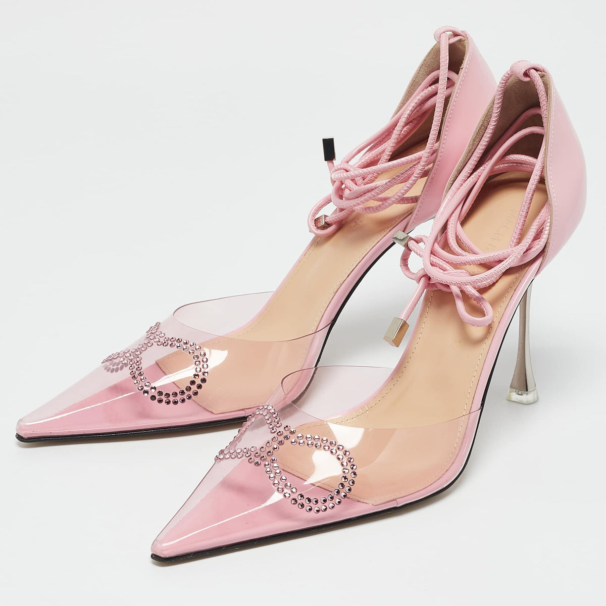 Mach & Mach Pink Leather and PVC Crystal Embellished Bow Ankle Wrap Sandals Size 40.5