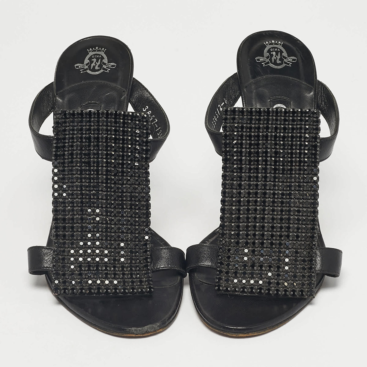 Gina Black Crystals and Leather Slide Sandals Size 37