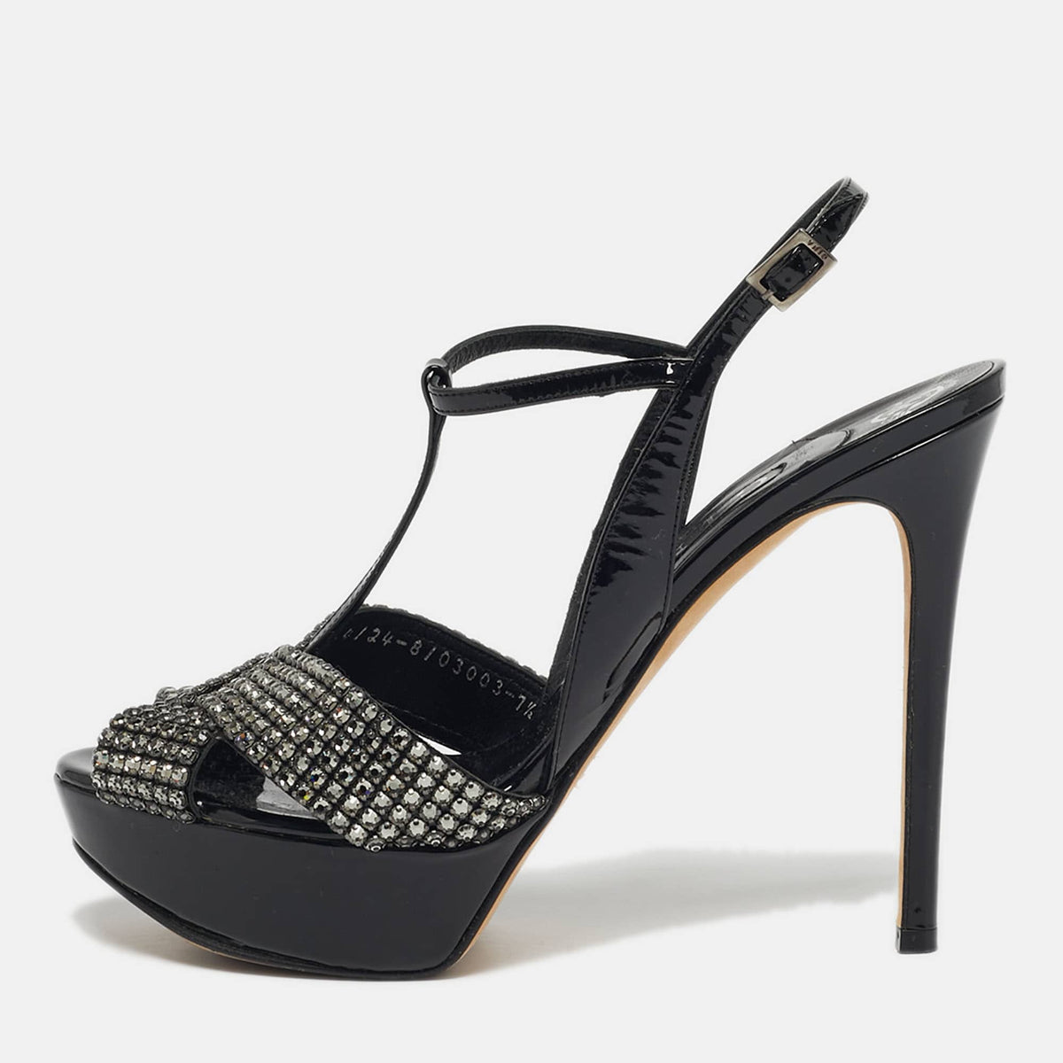 Gina Size 40.5 Black Patent Leather Crystal Embellished T-Strap Platform Sandals