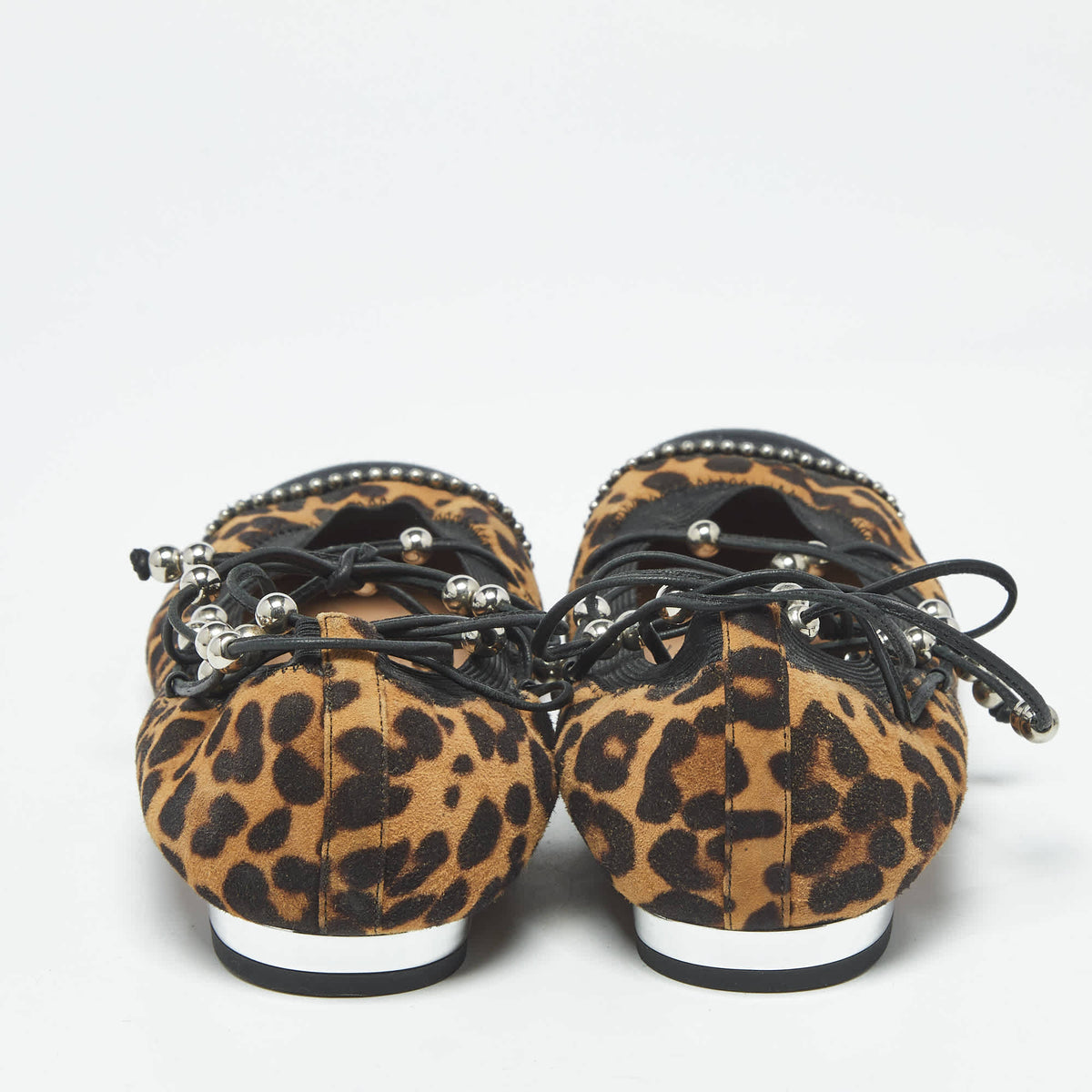 Aquazzura Size 37 Brown/Black Leopard Print Suede and Fabric Tie Up Ballet Flats