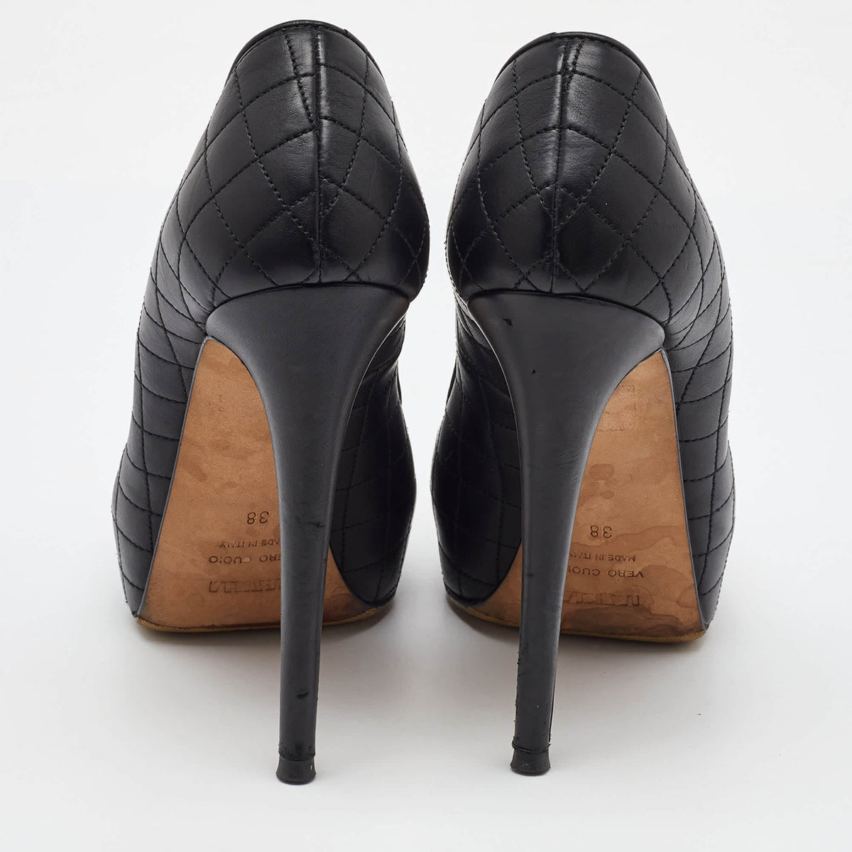 Le Silla Black Quilted Leather Metal Cap Toe Platform Pumps Size 38