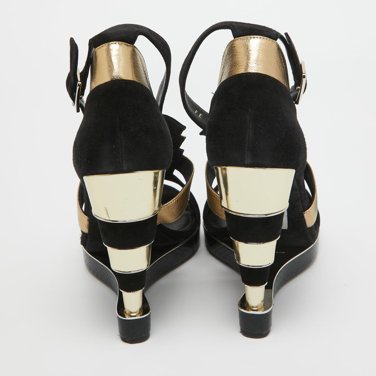 Salvatore Ferragamo Black/Gold Suede  Watersnake and Leather Lexus Platform Sandals Size 39.5