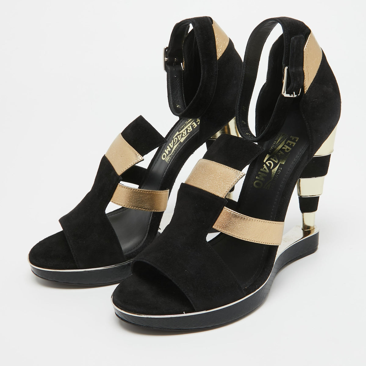 Salvatore Ferragamo Black/Gold Suede  Watersnake and Leather Lexus Platform Sandals Size 39.5